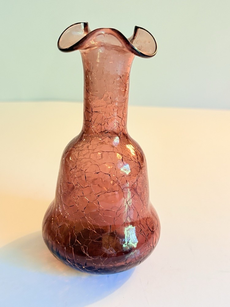 Vintage Hand Blown Pale Amethyst Crackle Glass Vase With Ruffled Top
