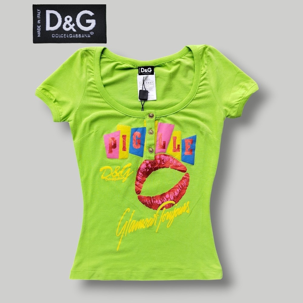 D&G Dolce Gabbana Top Short Sleeve Green Pigalle Kiss Vintage Y2K Size 38/XS