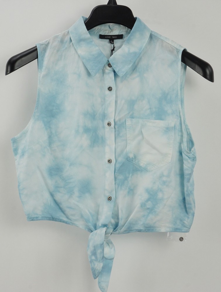 New Love Tree Women's Sz L White Blue Tie Dye Tencel Sleeveless Button Up Blouse
