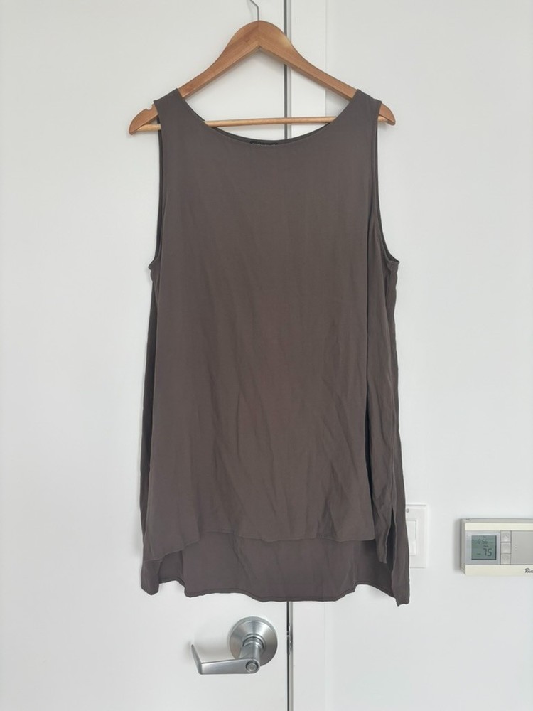 Eileen Fisher Brown Sleeveless Hi-Low Silk & Cotton Blend Tunic Tank Top Size XL