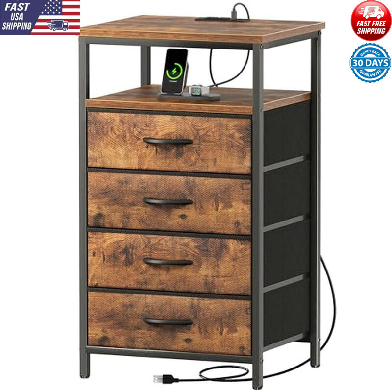 Modern Nightstand with 4 Drawers & USB Charging Station - Bedroom Storage Organizer