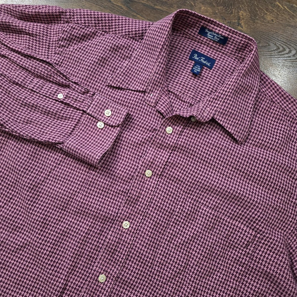 Paul Fredrick Shirt Mens XL Purple Cotton Linen Check Button Up Long Sleeve
