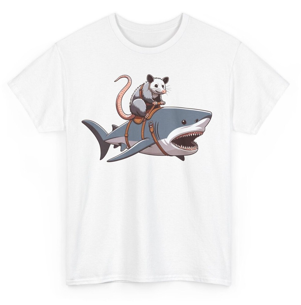 Opossum Riding Shark Funny T-shirt - Novelty Adventurous Graphic Tee
