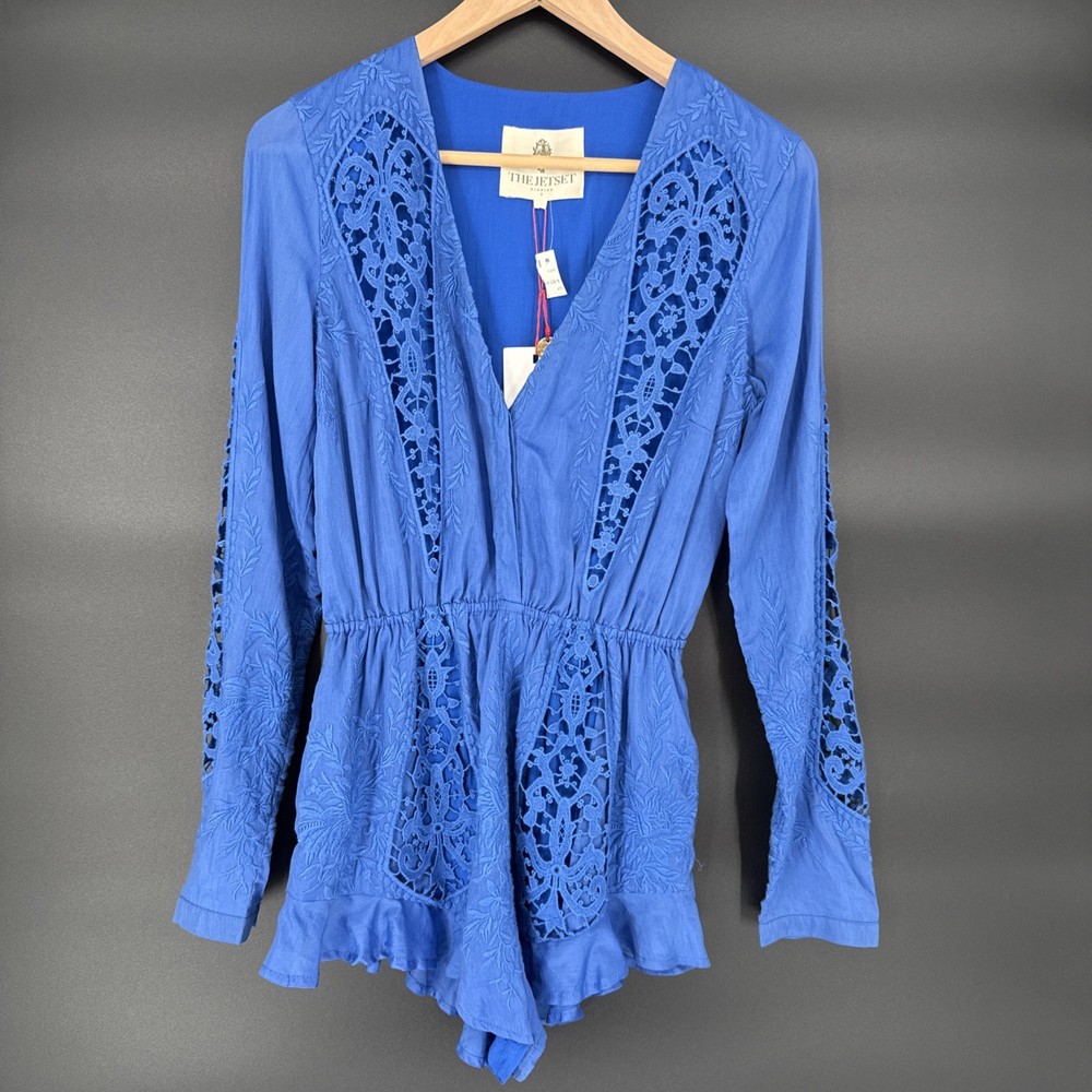 The Jetset Diaries Women’s Blue Embroidered Lace Romper Size S NWT Boho