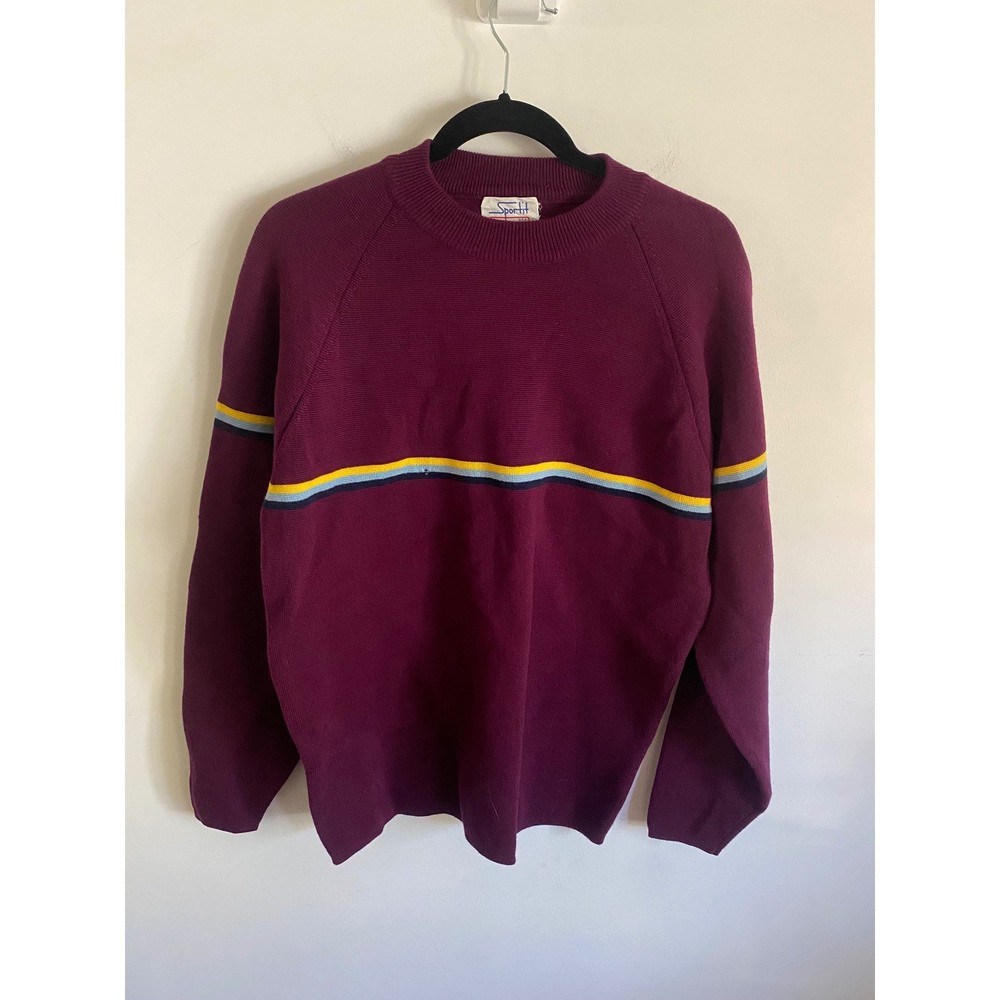 Vintage Sportif USA Mens Wool Sweater Burgundy Striped Crewneck Large 80s 90s