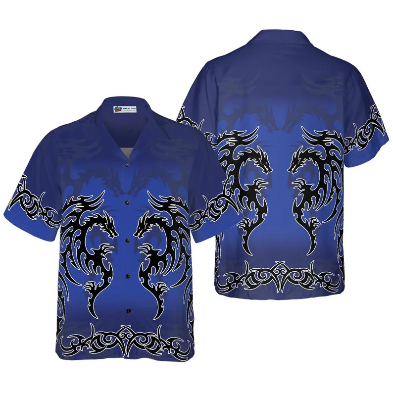 Blue Tribal Dragon Hawaii Shirt Mens Aloha Beach Top Vacation Gift