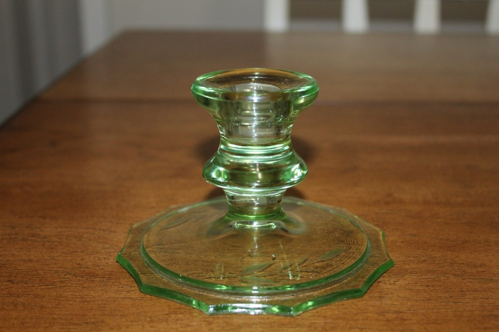 Vintage Uranium Green Depression Glass Etched Leaf Pattern Candle Stick Holder