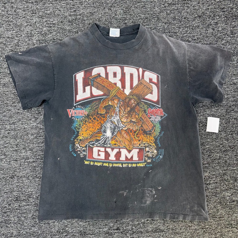Vintage 90s Lord's Gym Jesus RARE T-Shirt L-XL Sun Faded Black Gradient