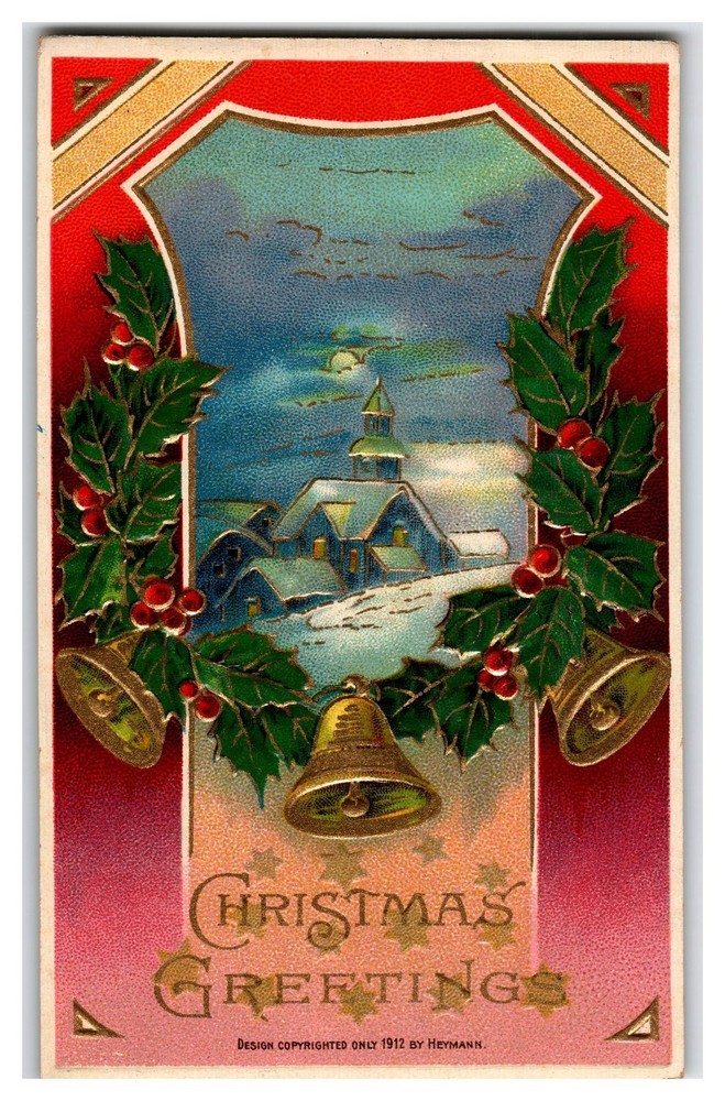 Vintage 1912 Heymann Christmas Greeting Postcard Snowy Church Scene