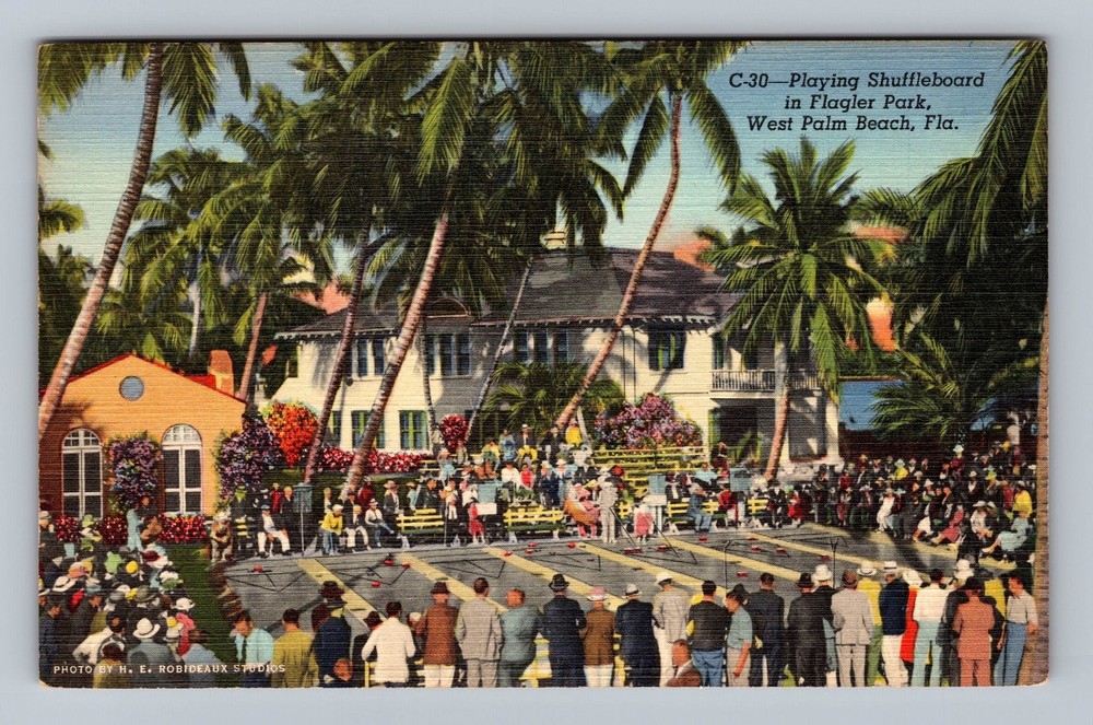 West Palm Beach FL-Florida Playing Shuffleboard Flagler Park Vintage Postcard