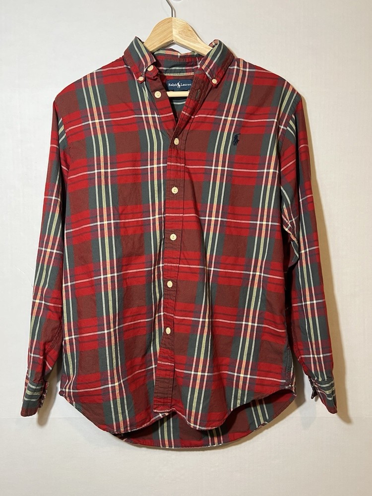Youth Ralph Lauren Red Plaid Long Sleeve Button Down Black Pony Shirt L 14-16