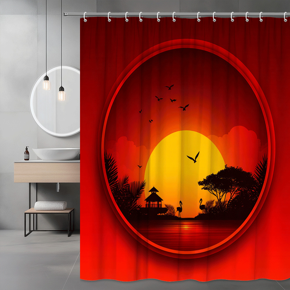 Sunset Birds Silhouette Shower Curtain Red Orange Scenic