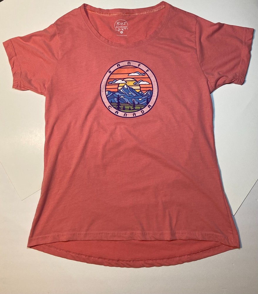 EMI Sportswear Women's XL Banff Canada Mountain Graphic T-Shirt Coral Pink
