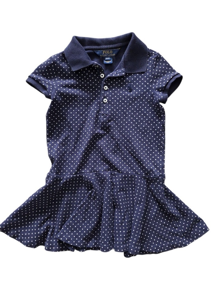 Polo Ralph Lauren Girls Navy White Polka Dot Peplum Dress 4T Cotton Pony Logo