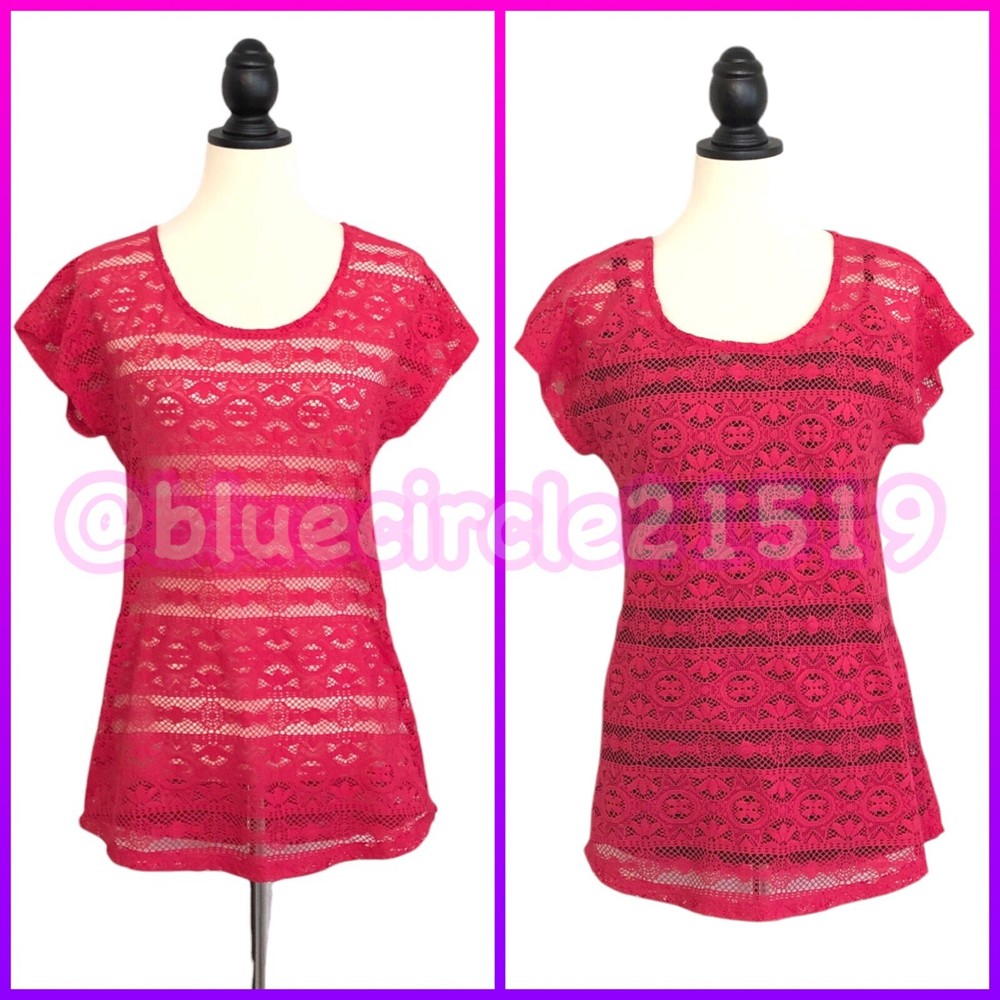 Maurices Hot Pink Lace Short Sleeve Round Neck Pullover Top Size Medium