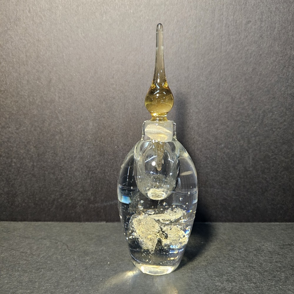 Art Glass 8-Inch Clear Yellow Bubbled Abstract Perfume Bottle with Stopper-image