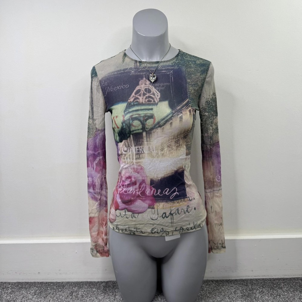 Y2K vintage mesh long sleeve top abstract graphic print sheer floral mexico text-image