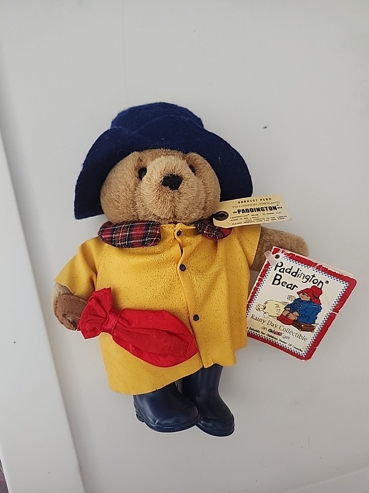 Vintage Paddington Bear Eden Yellow Raincoat and  Blue Boots Plush Teddybear 7”