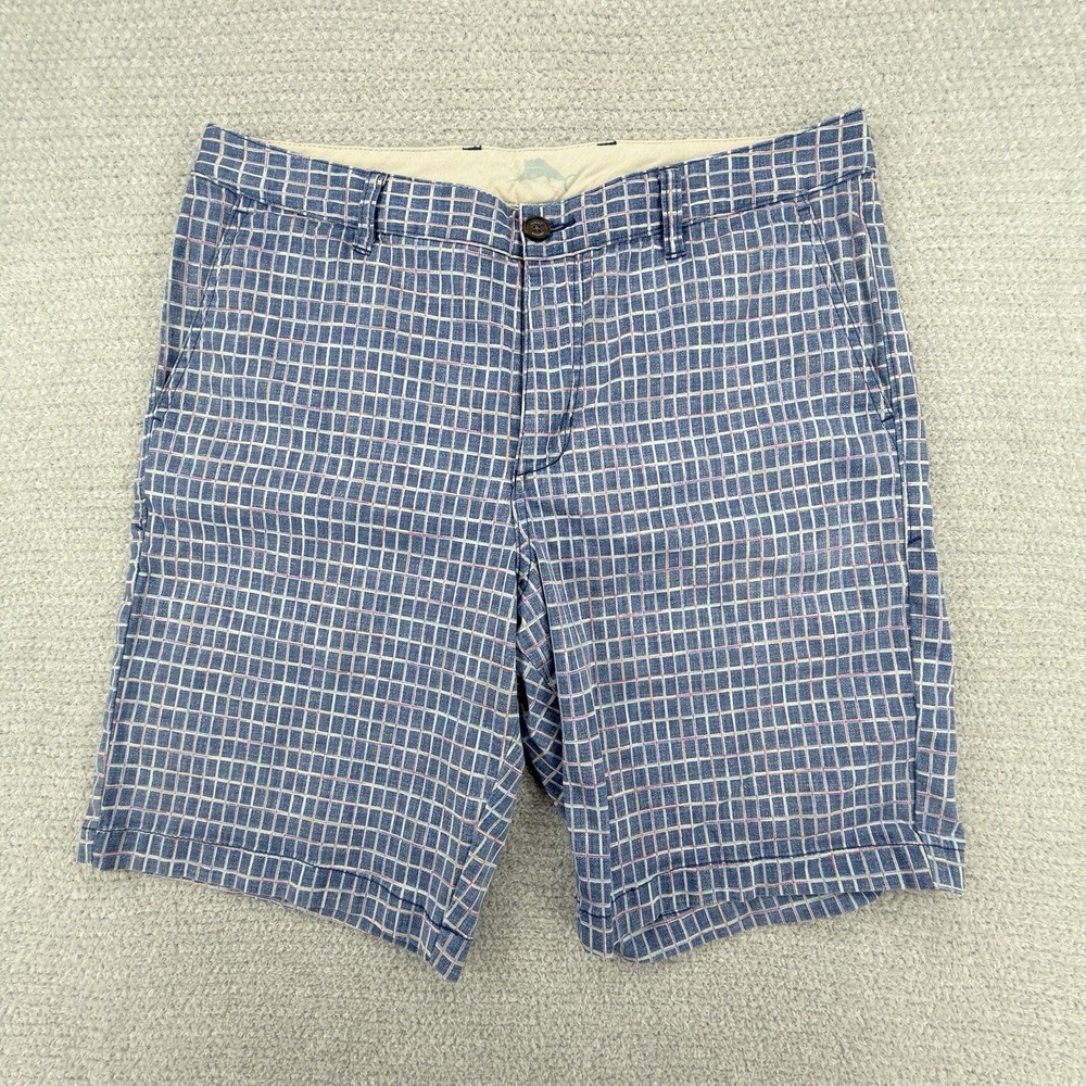 Tommy Bahama Shorts Mens 34 Blue Check Cotton Lyocell Golf Stretch Flat Front