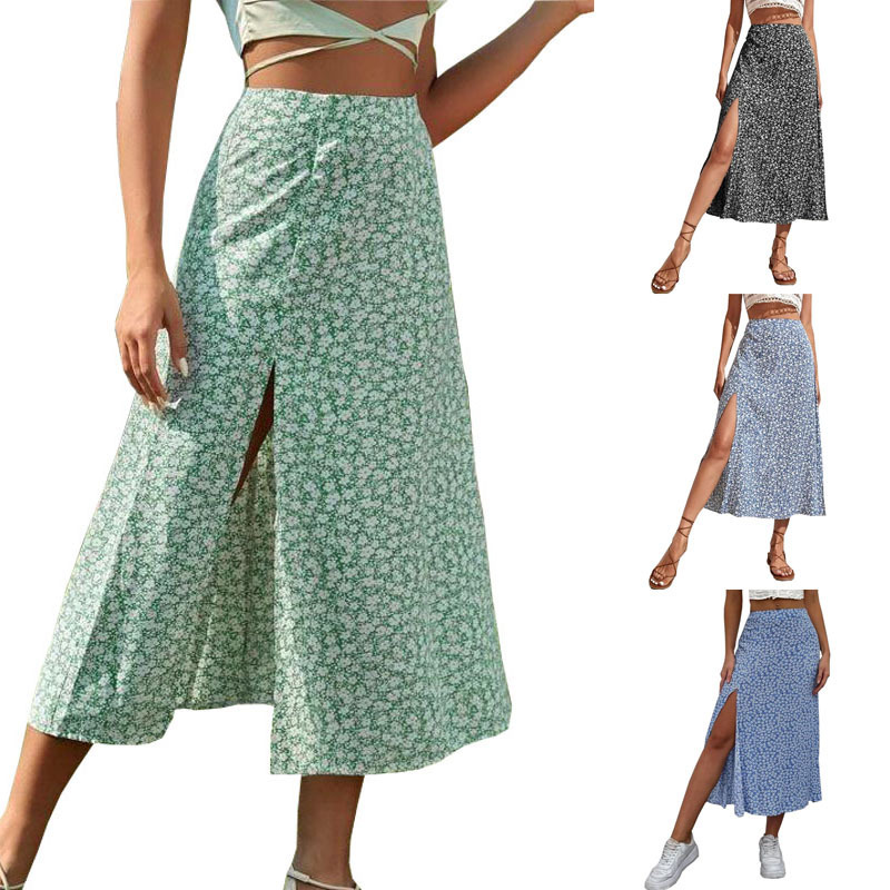 Women's Half Skirt Summer Flower Split A-line Wrap Hip Mid Waist Long Dress