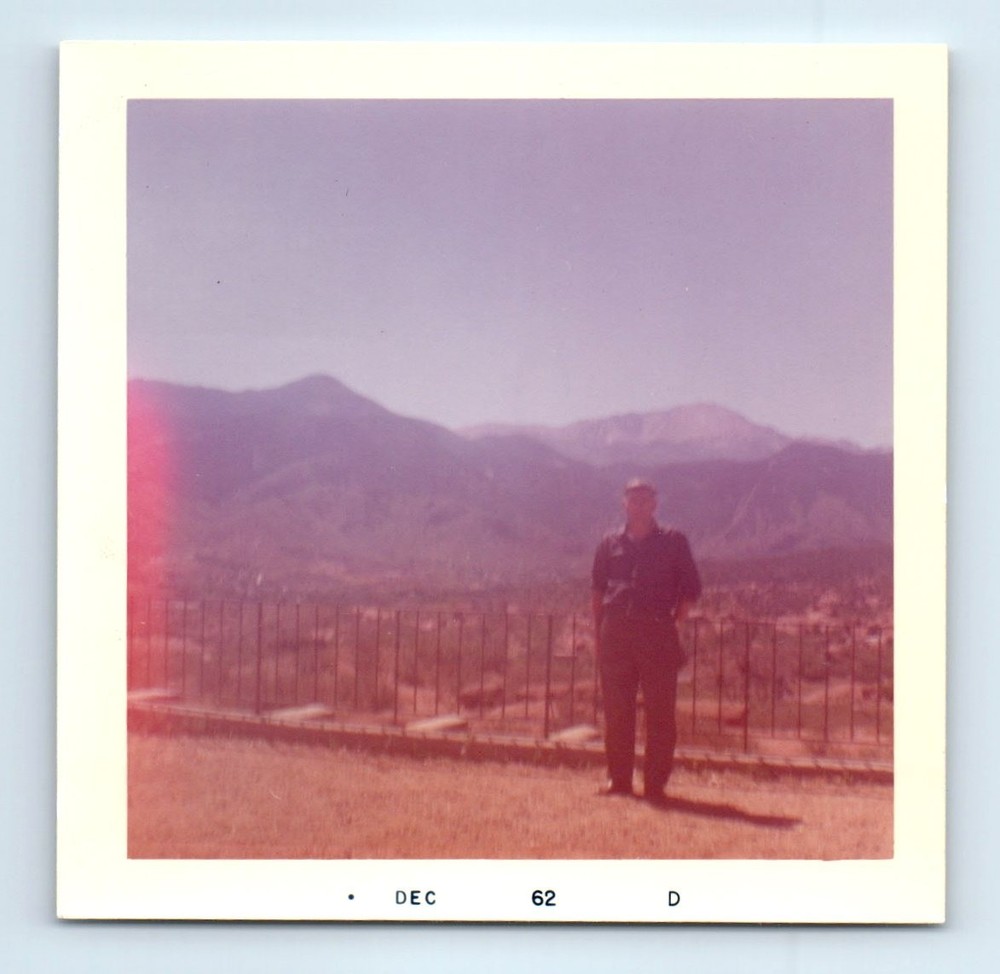 Old Vintage Square Color Photo SOLO MAN OUTSIDE OVERLOOKING MOUNTAINS 1962