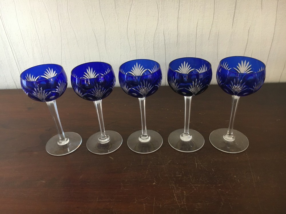Lot Of 5 Blue Crystal Liqueur Glasses