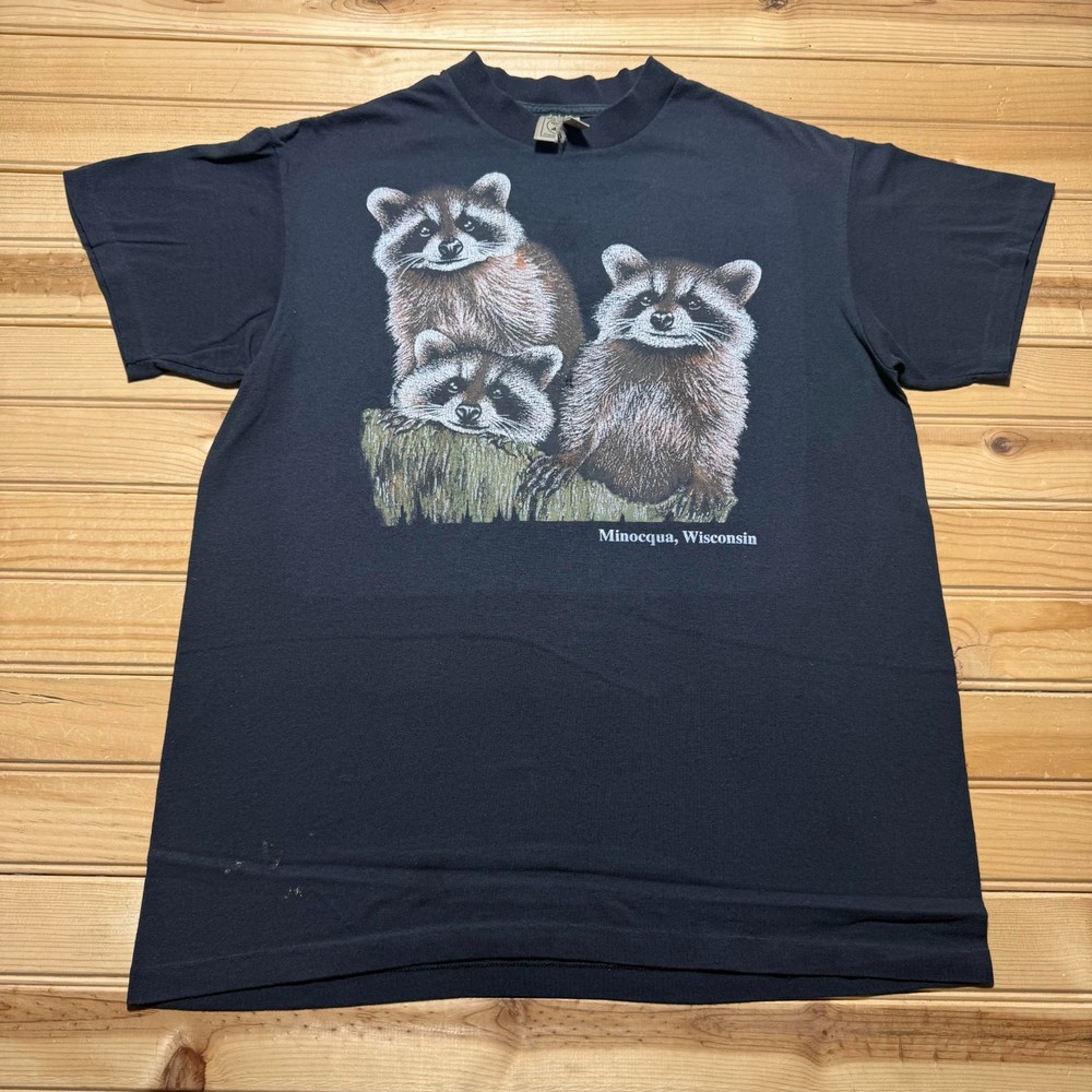 Vintage 90s Minocqua Wisconsin Raccoons Animal Nature Graphic T-Shirt USA Medium