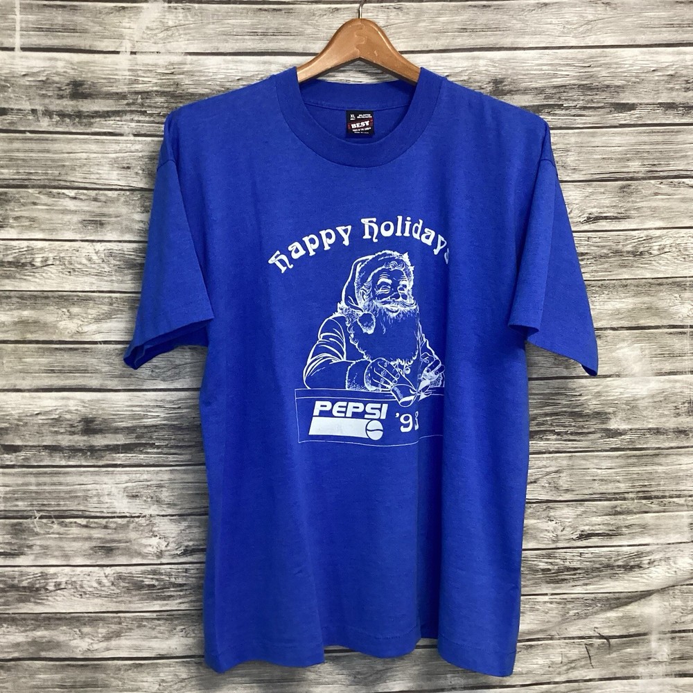 Vintage Pepsi Shirt Mens XL Blue Happy Holidays Christmas Promo Tee USA 90s