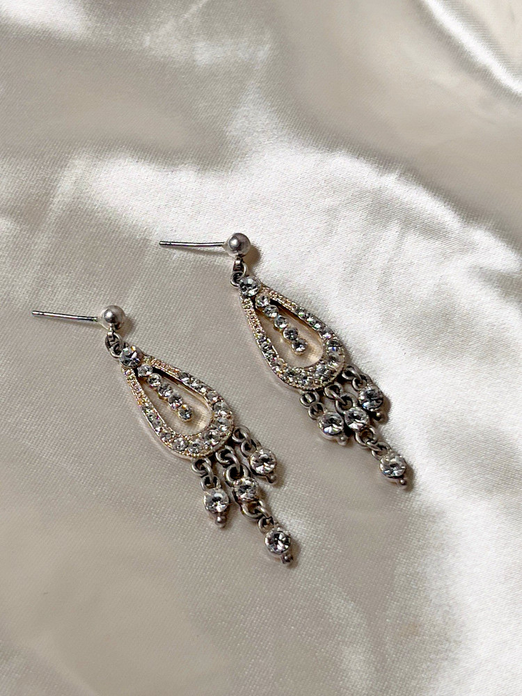 Vintage Silver-Tone Dangle Teardrop Rhinestone Earrings