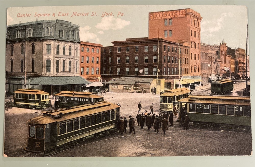 1910c York Pennsylvania Center Square & East Market St. Trolley Square Colored