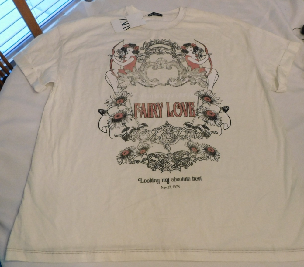 Zara Women's Ladies Oversized Short Sleeve T Shirt Fairy Love Size M medium NWT