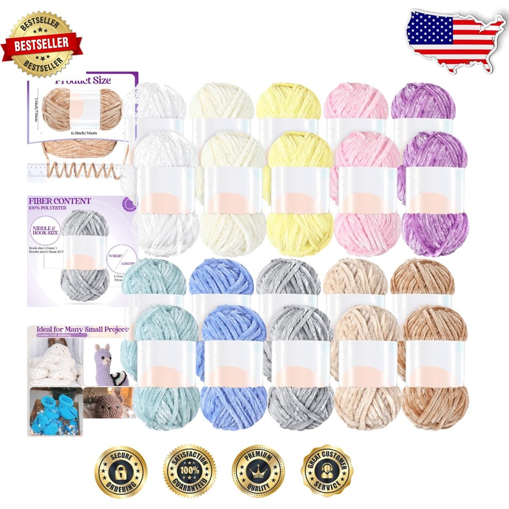 20 Soft Chenille Yarn Skeins - 93 Yards Each for Knitting and Weaving Perfection