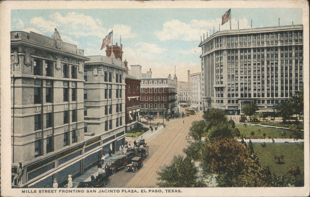 El Paso, Texas TX Mills Street Fronting San Jacinto Plaza Vintage Postcard