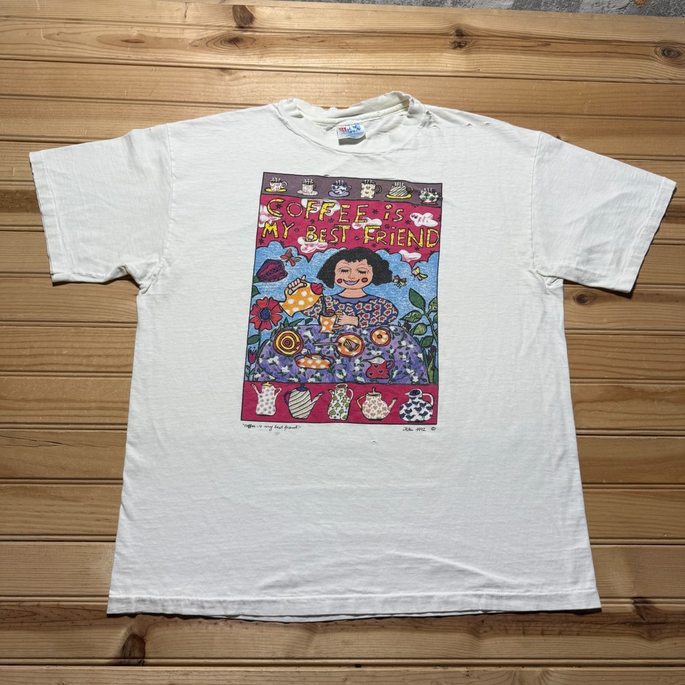 Vintage 1992 Coffee Is My Best Friend Kiki Art Graphic T-Shirt USA Made Large