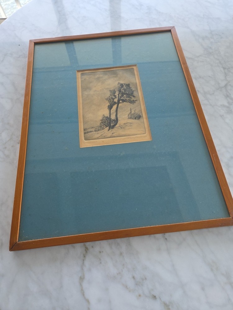 Vtg Malte Sterner Framed Etching Pencil Signed Trees On The Side Of The Road