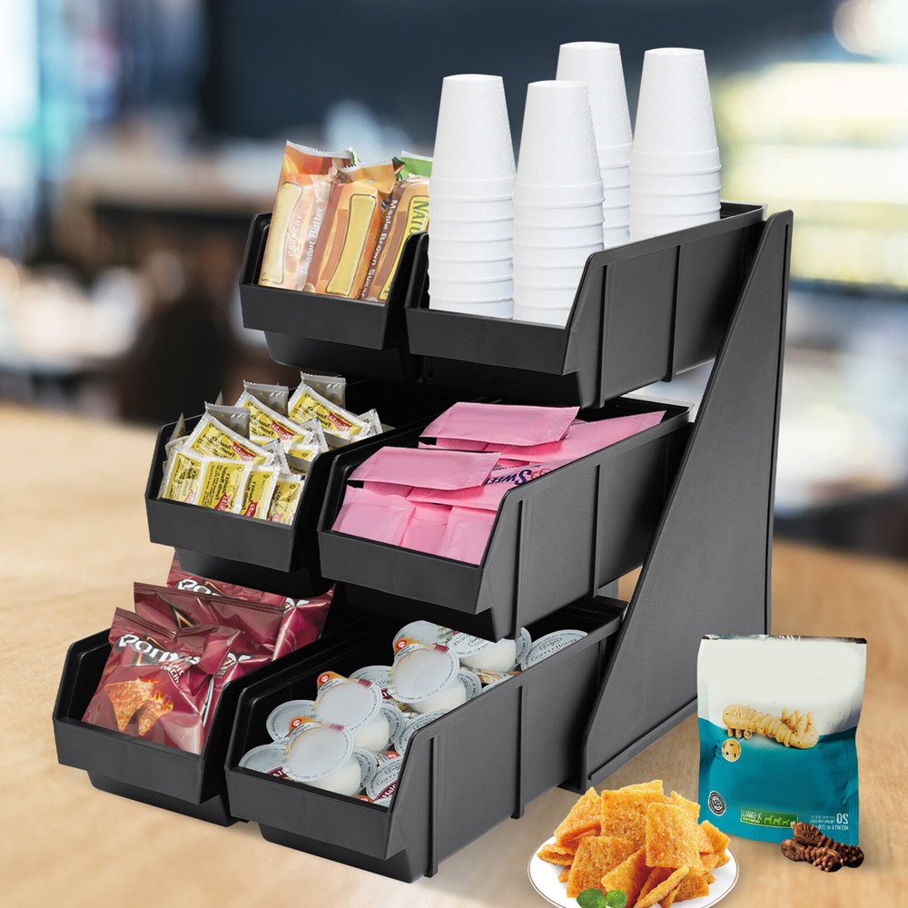6 Compartments Upright Breakroom Coffee Condiment Storage Organizer Bin 3-Tier