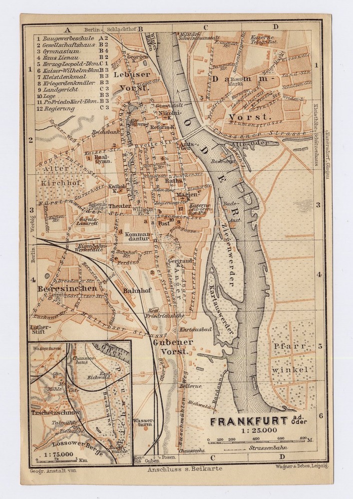 1910 Original Antique Map Of Frankfurt An Der Oder Slubice Poland Germany