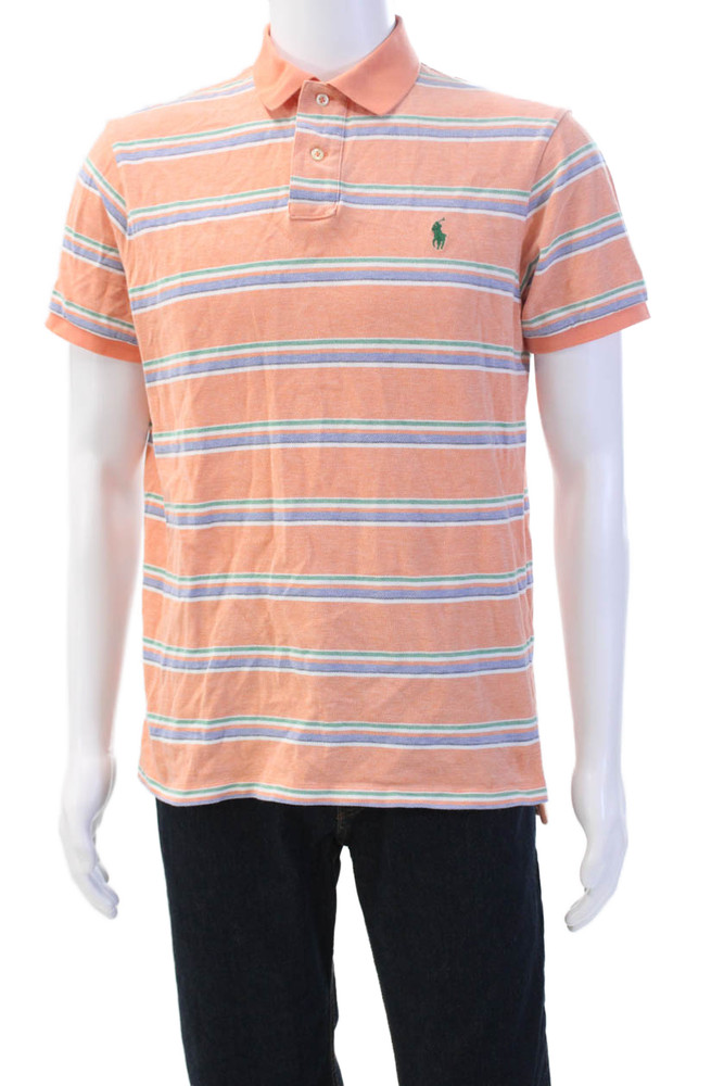 Polo Ralph Lauren Mens Short Sleeve Collared Striped Cotton Polo Orange Size LFree Shipping in US $100+ Orders | $6.95 Orders Below