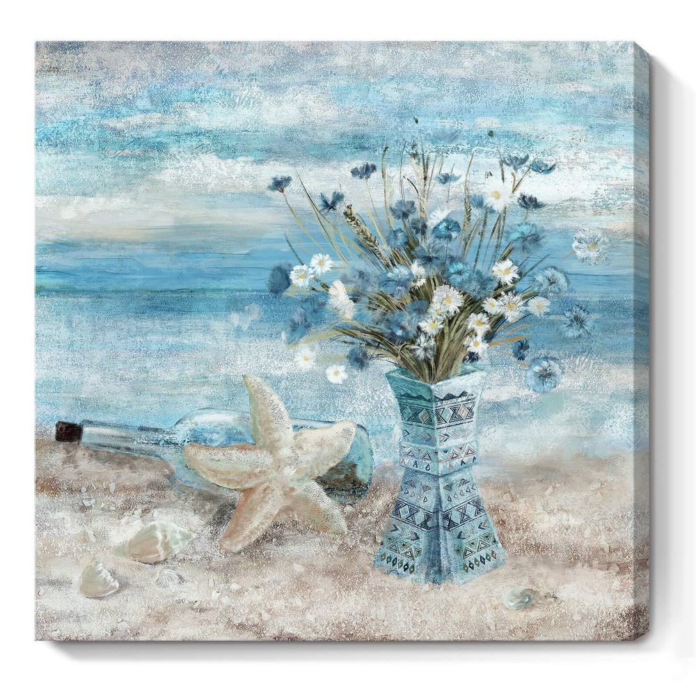 Bathroom Decor Wall Art Blue Beach Picture Ocean Theme Flower Canvas Print Mo...