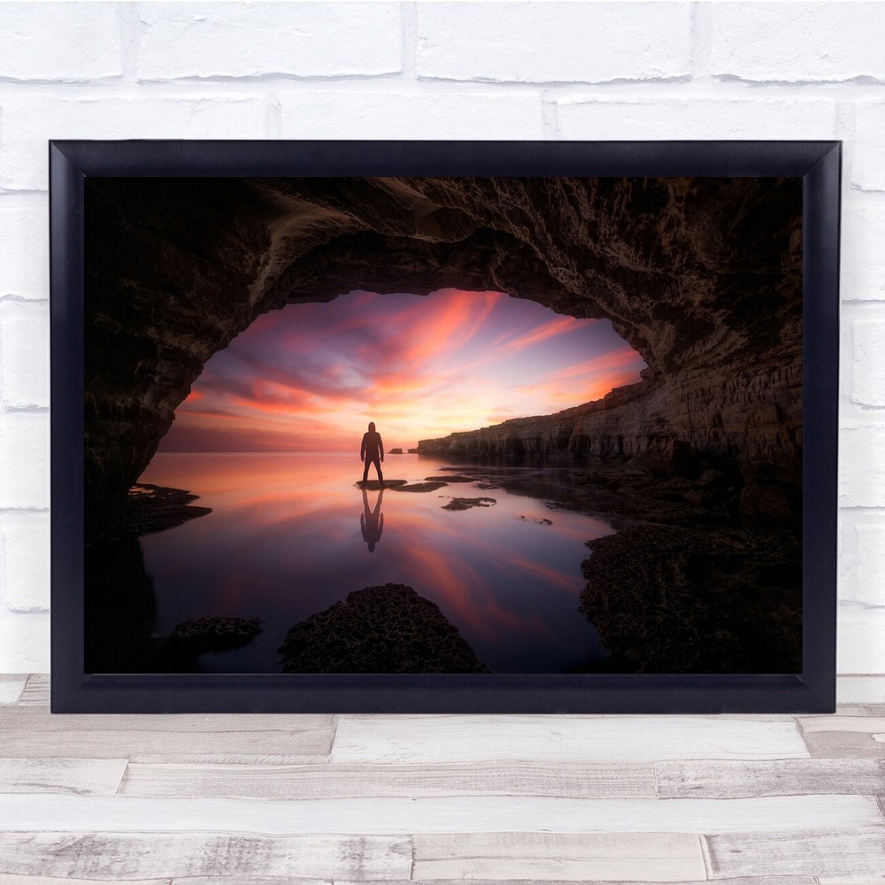 Cave Sea Sunset Silhouette Rocks Calmness landscape Wall Art Print