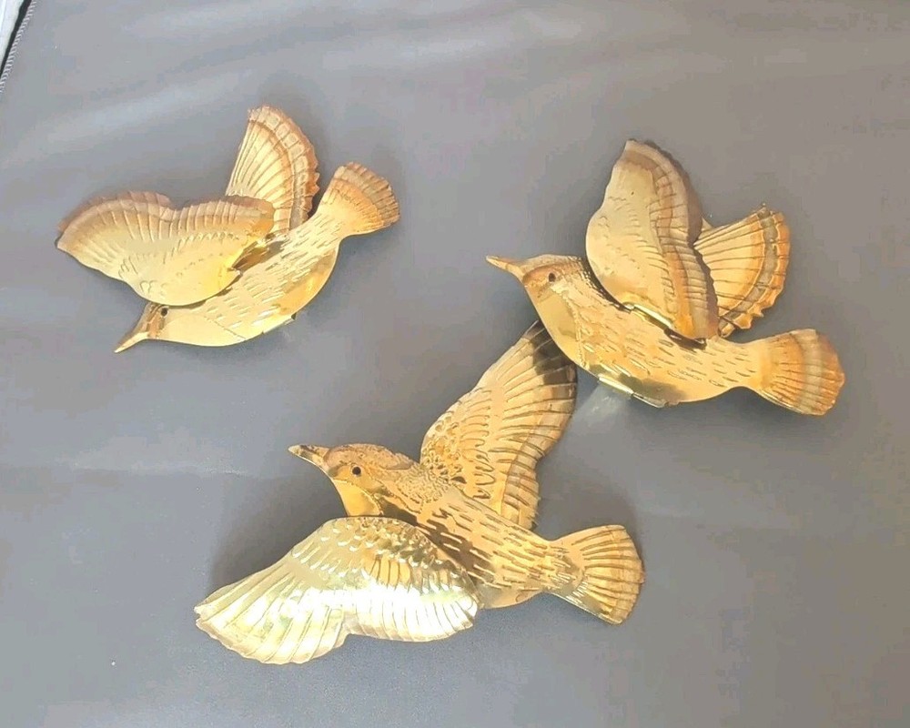 Vtg Brass Flying Birds Sparrows Home Interior Wall Hanging MCM Decor Set of 3
