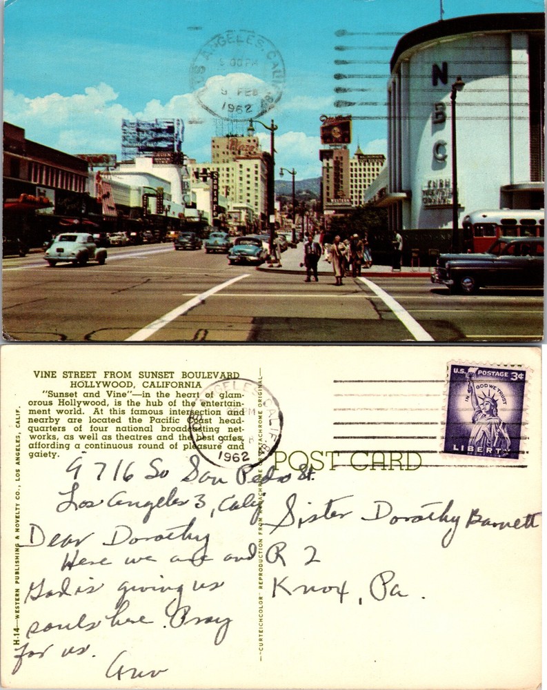 Vine Street from Sunset Boulevard Hollywood California CA Postcard