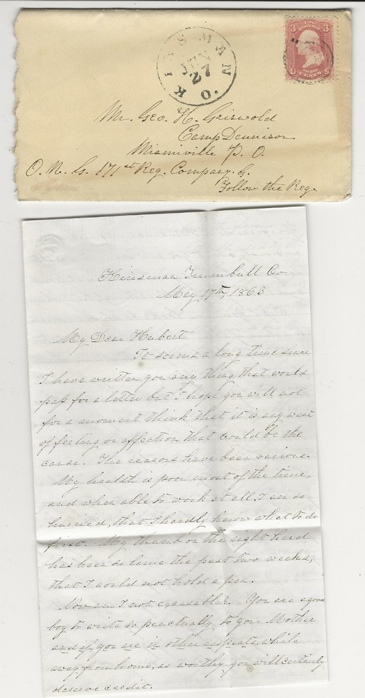 1863 Cover & Letter, Kinsman, O. to CAMP DENNISON, O.,CIVIL WAR MENTION - DEATH