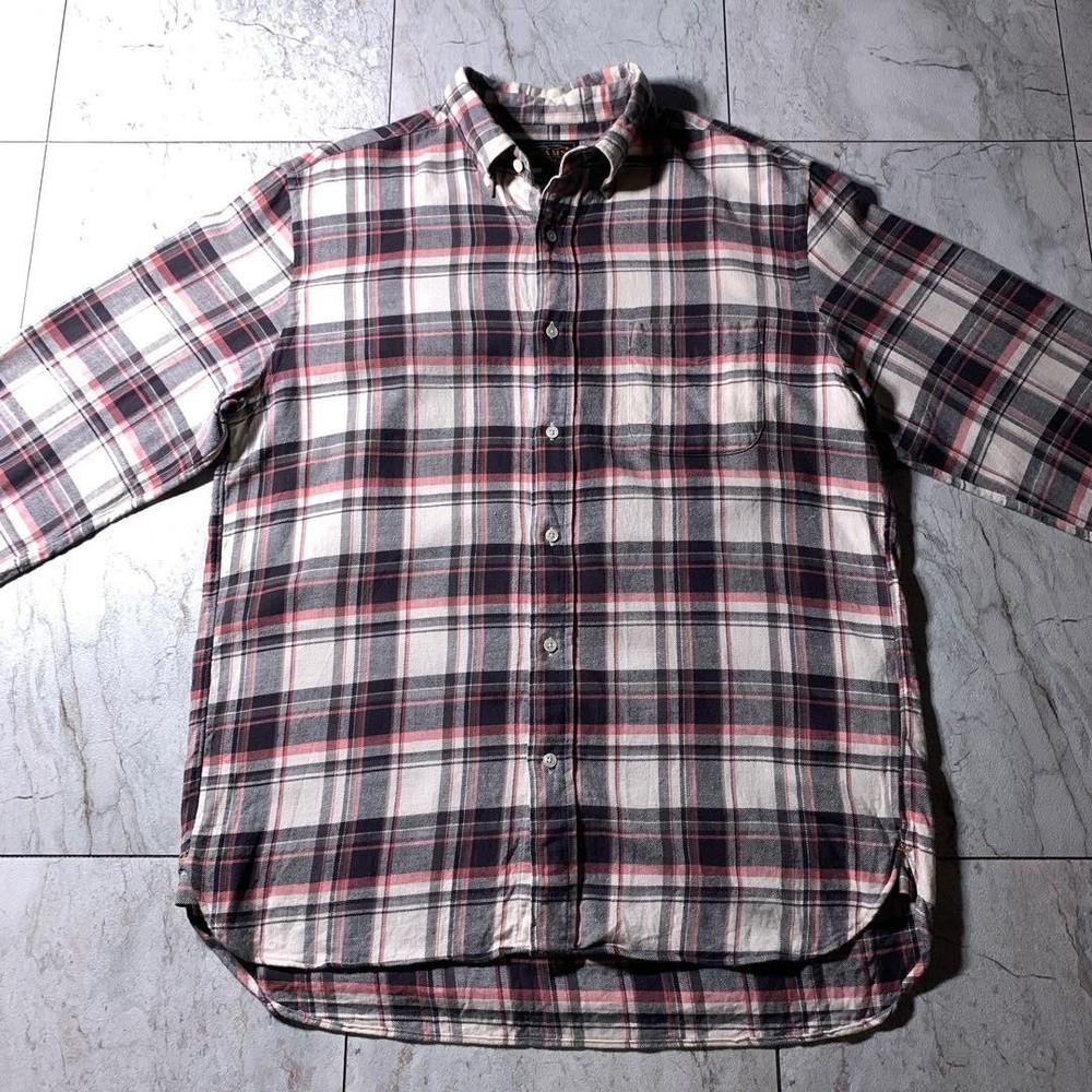 BEAMS PLUS Cotton Linen Plaid Button Down Shirt Black Pink L Checkered USED JPN