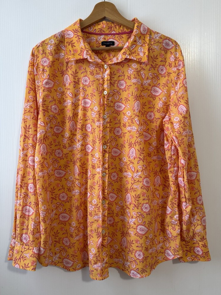 Talbots Womens Sz XL Summer Floral Print Climbing Jacobean Button up Shirt