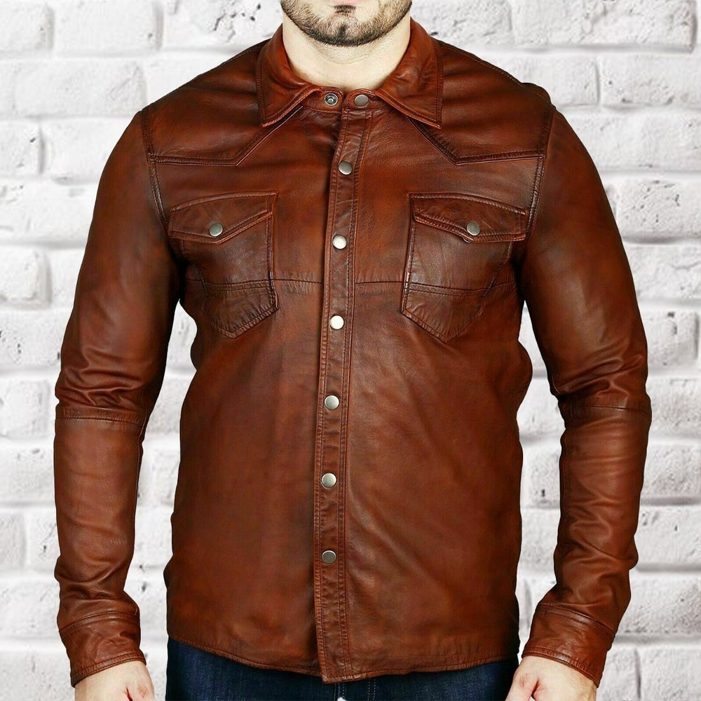 Men’s Luxury Tan Lambskin Leather Shirt Jacket Real Leather Slim Fit partywear