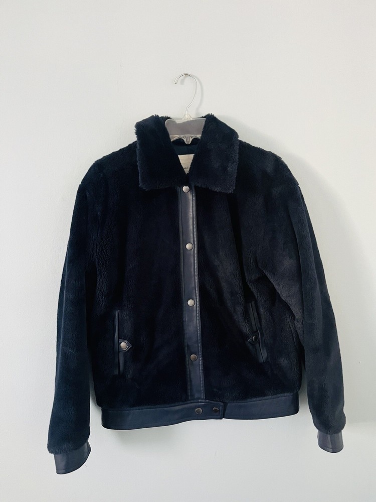 Avec Les Filles Oversized Bomber Jacket Womens Navy Faux Fur Mob Wife Old Money