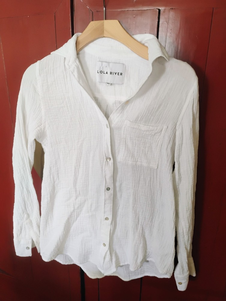 Lola River Women’s White Solid Button-Up Collared Long Sleeve Shirt XS