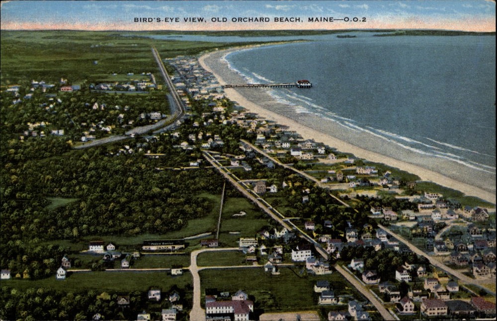Orchard Beach Maine aerial birds eye view ~ unused 1940s linen postcard