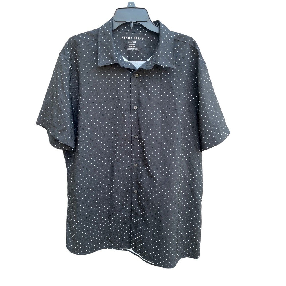 Perry Ellis Mens XXL Slim Fit Stretch Short Sleeve Button Down Shirt Black White